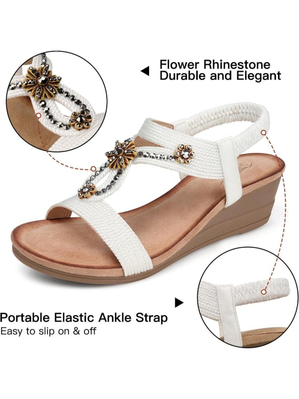Women's White Pearl Rhinestone Elastic Strap Open Toe Low Heel Wedge Sandals - Picture 4 of 6